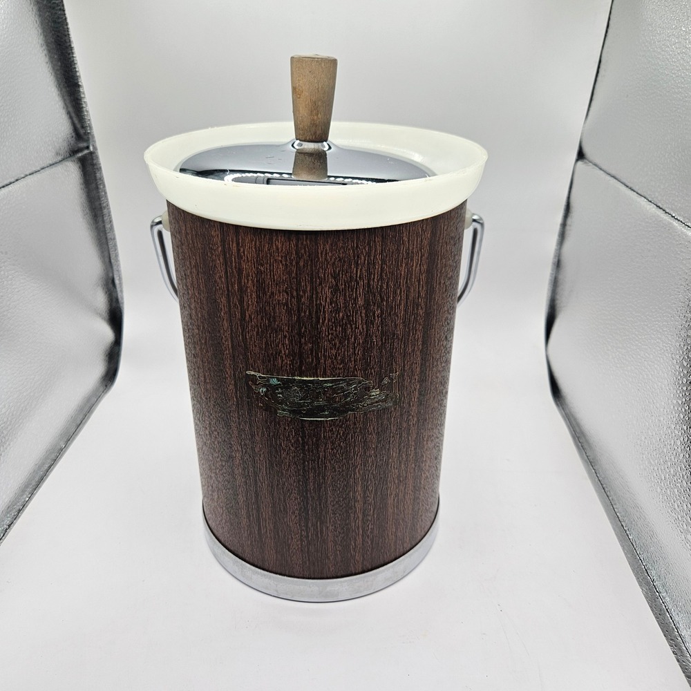 Vintage Kromex Ice Bucket Faux Wood Grain Chrome Lid MCM Barware Made in USA